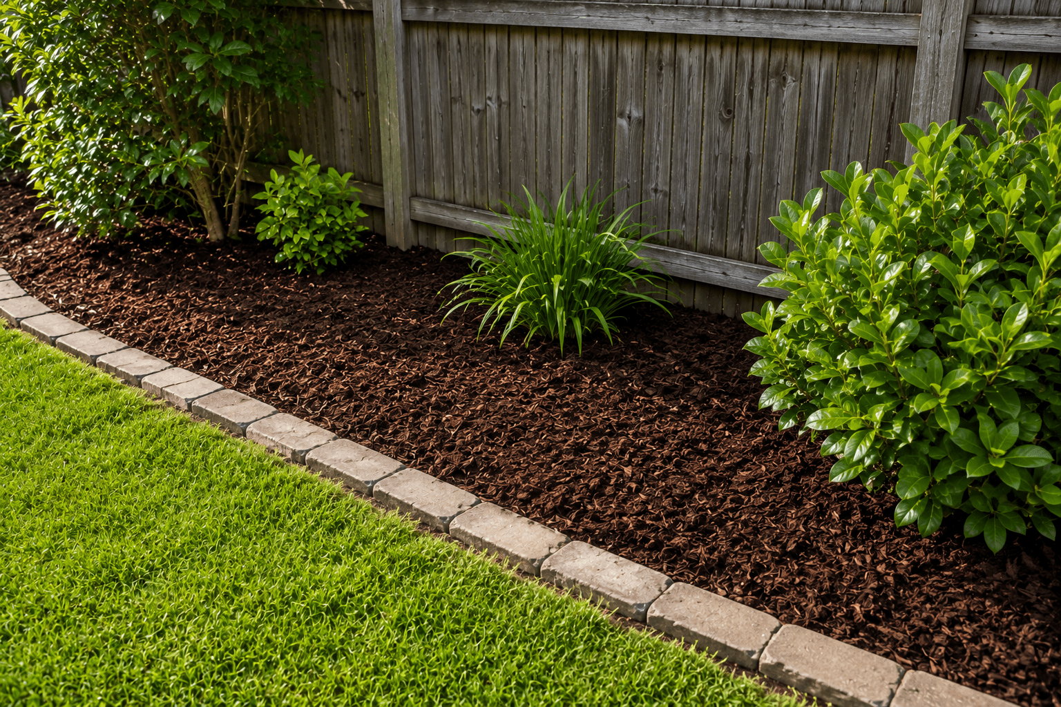 A freshly bark mulched garden bed with clean edges