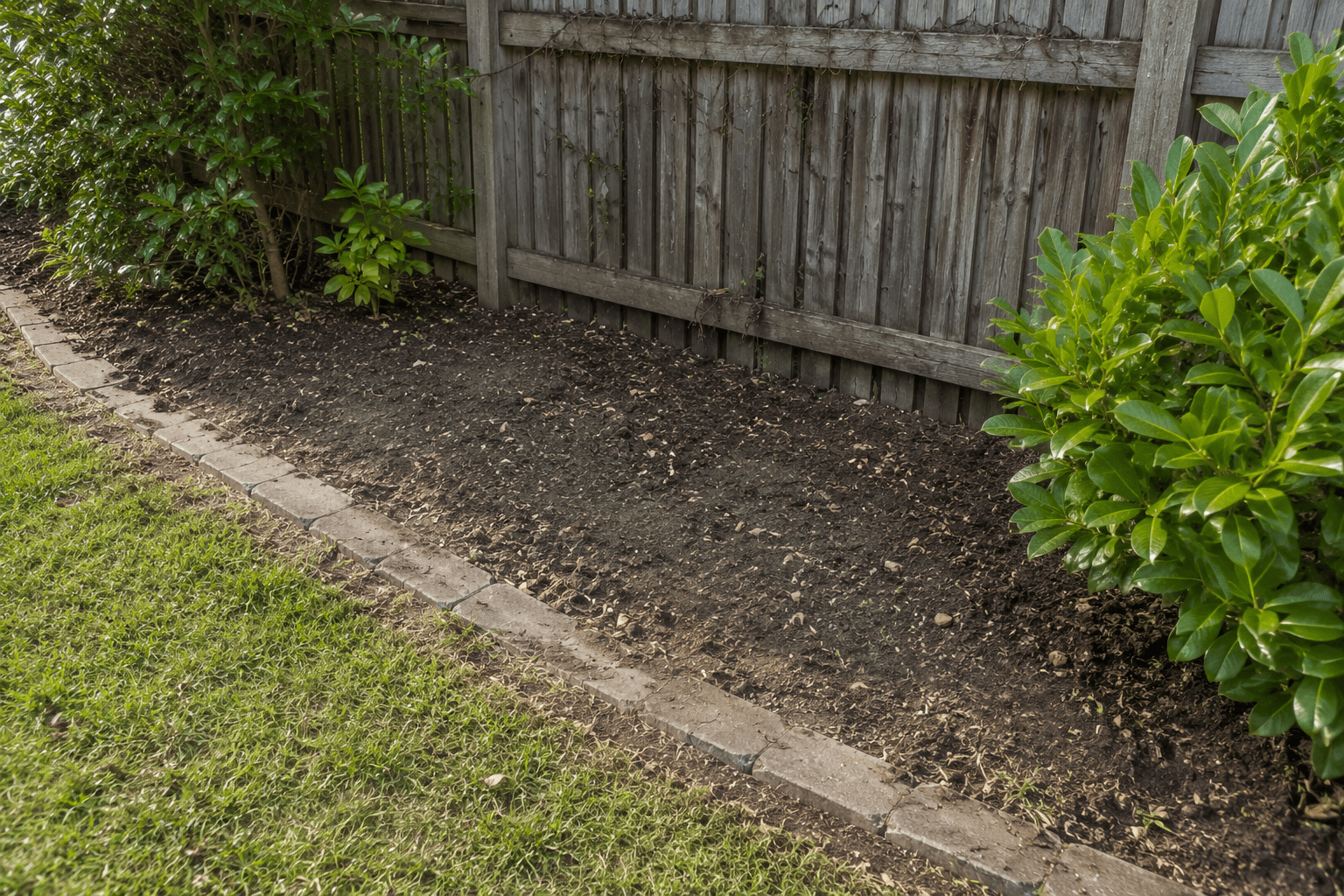 A weedy, bare garden bed before mulching