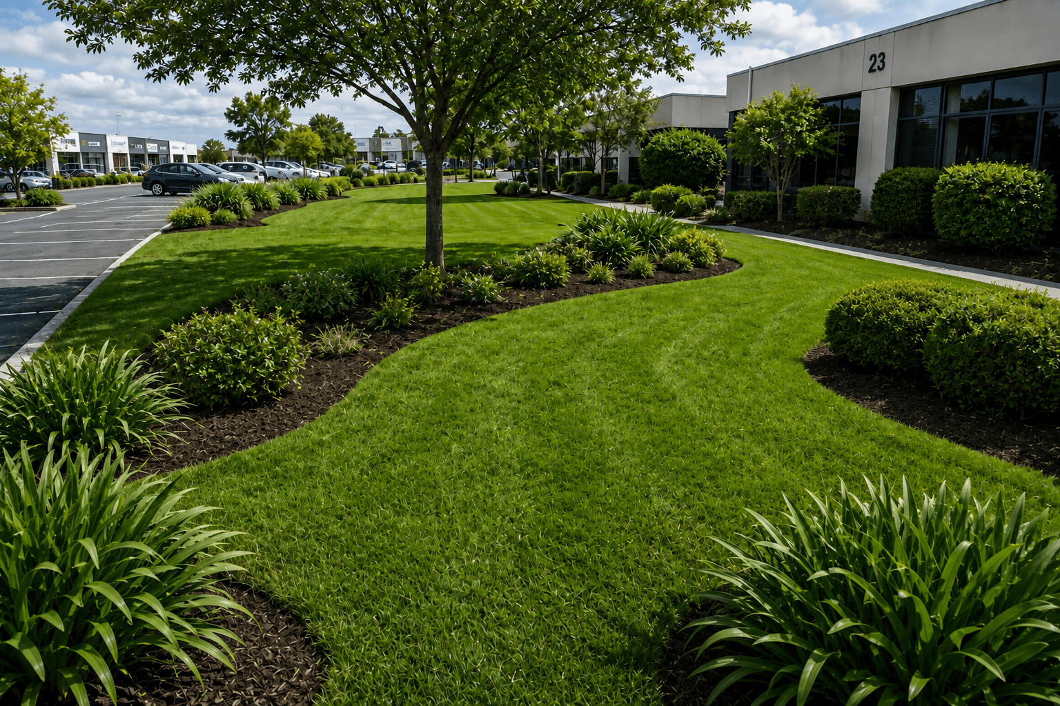 A well-presented commercial site frontage under a grounds maintenance programme