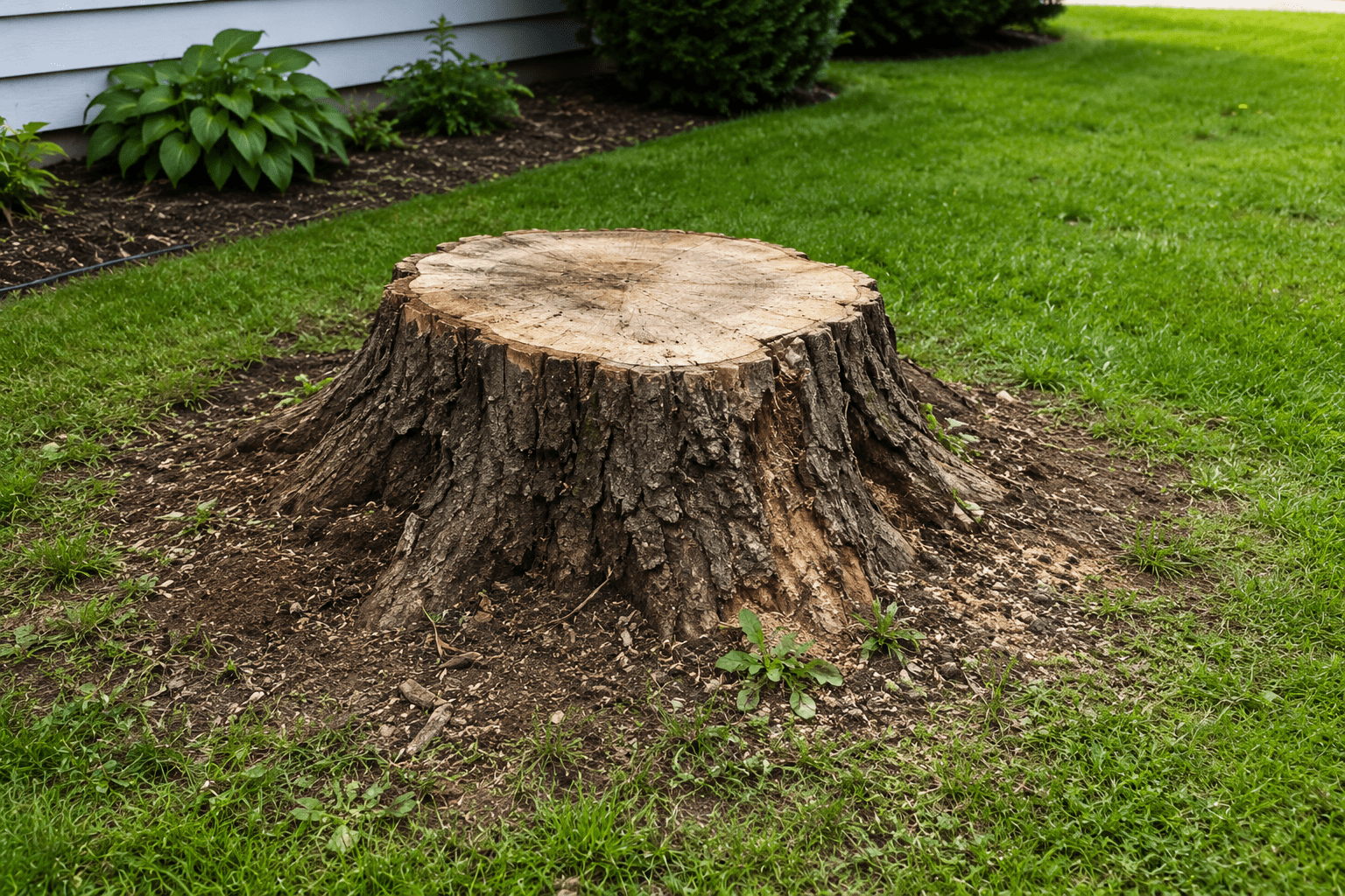 A large tree stump left in a Tauranga lawn before grinding