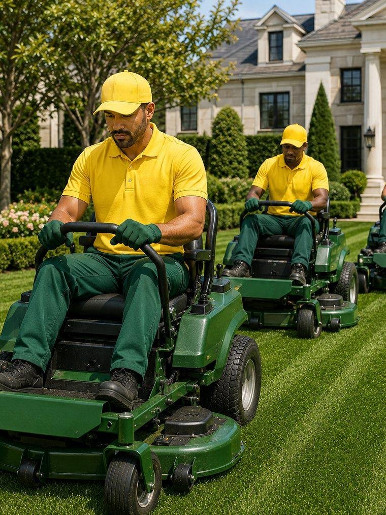 A Lawnify operator running a ride-on mower on a Tauranga property