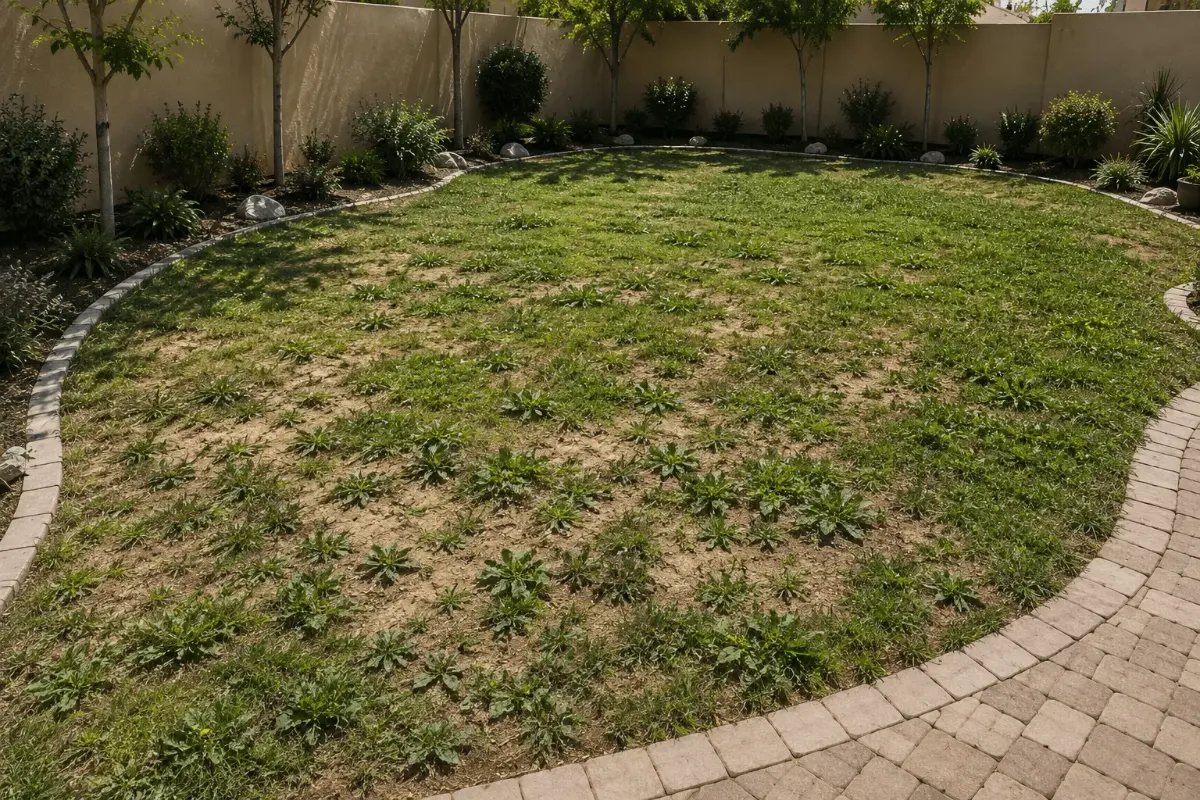 Close-up of clover and broadleaf weeds in an untreated lawn
