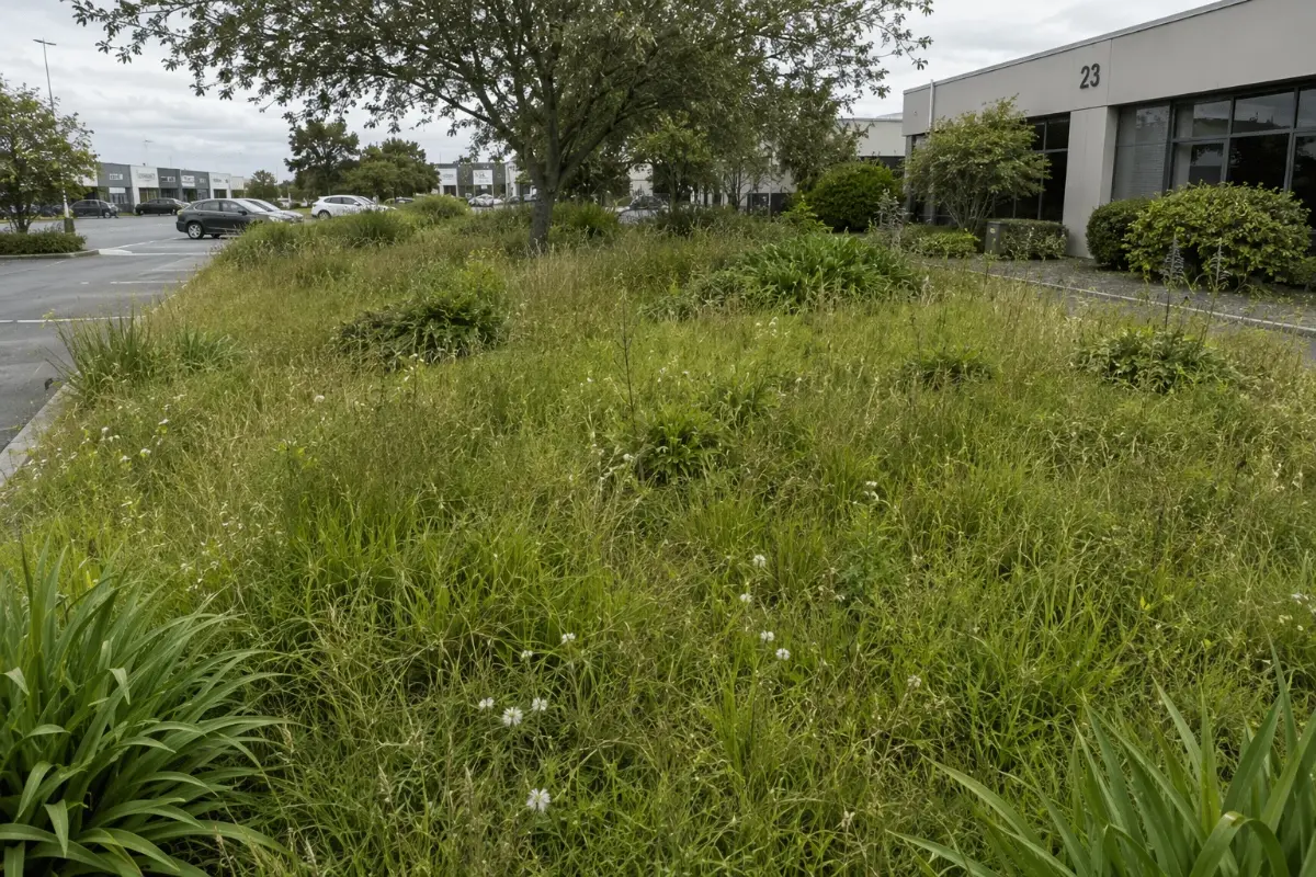 An under-maintained commercial site frontage before a grounds contract started