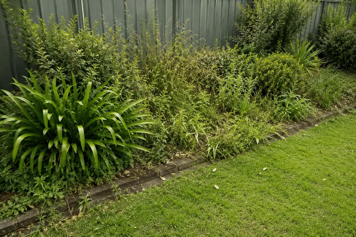 An overgrown garden bed before maintenance