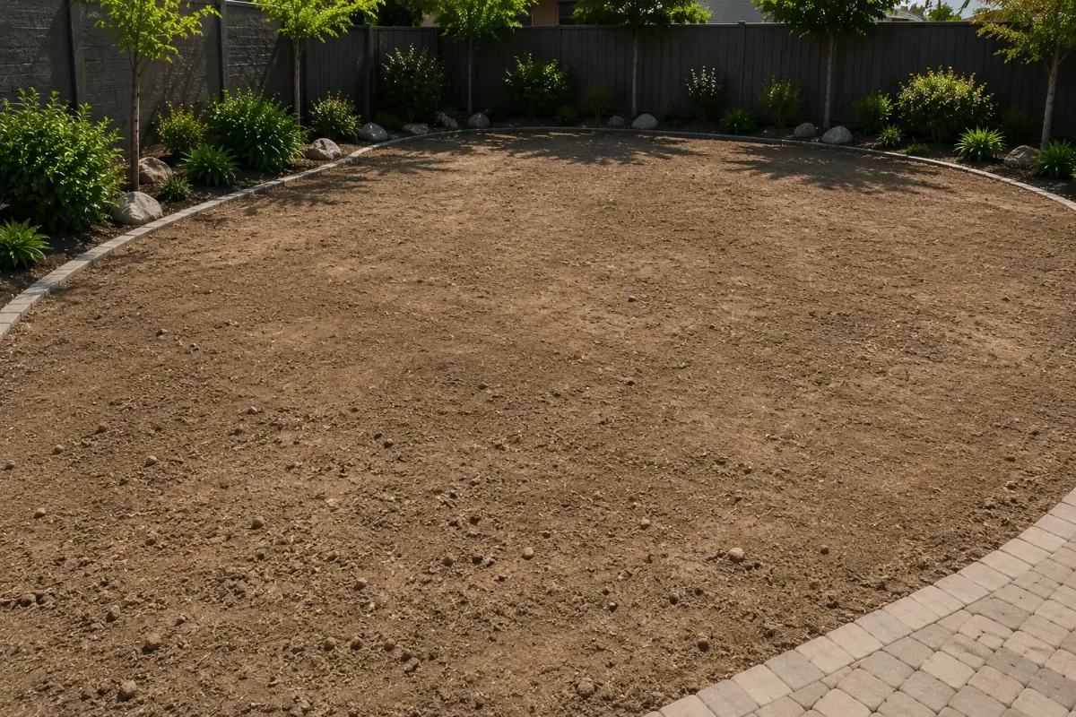 A bare, uneven section before new lawn installation