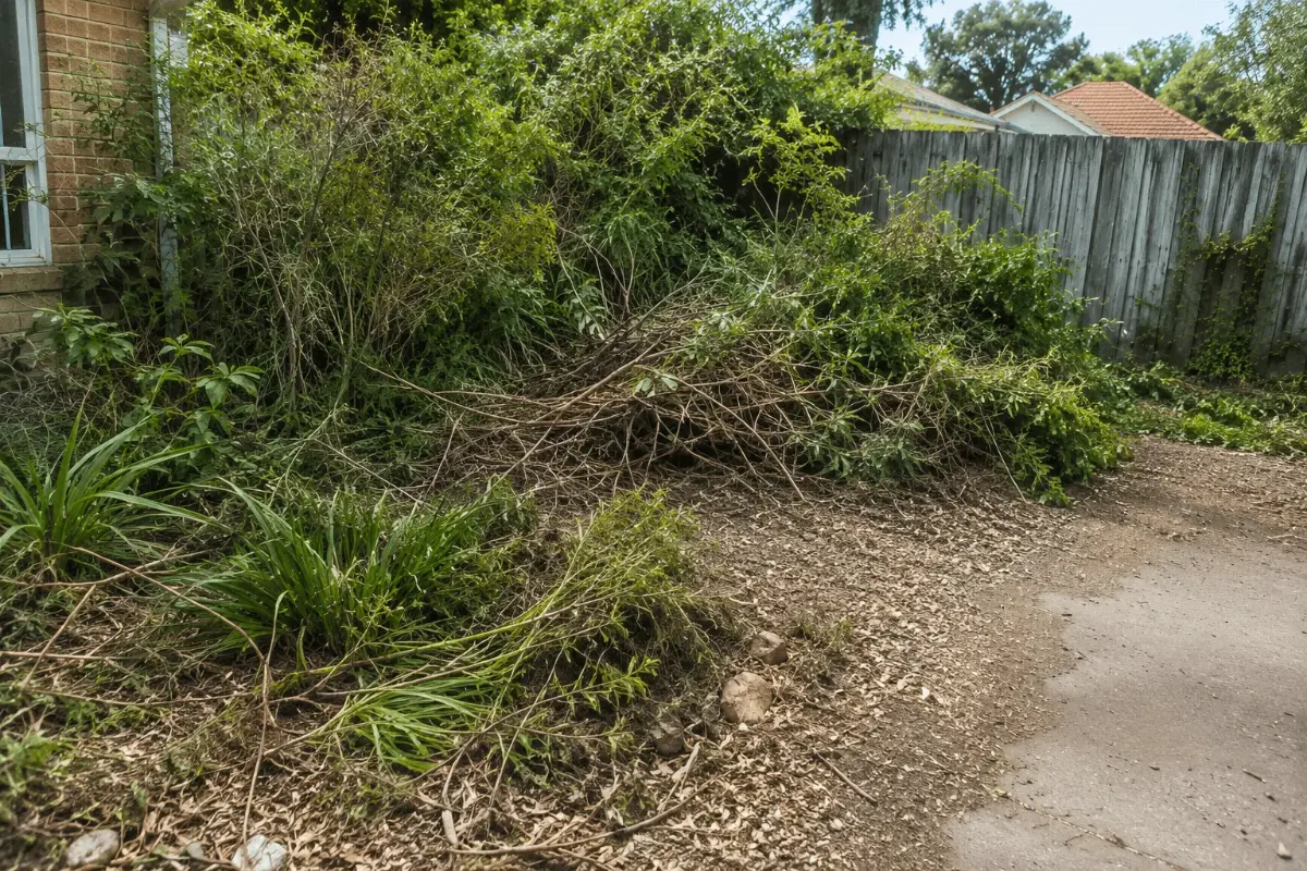 An overgrown back section before clearance