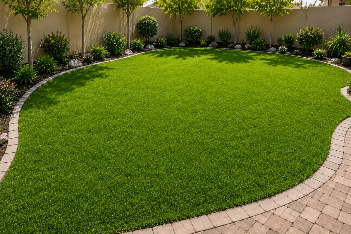 The same lawn thick, green and weed-free after treatment